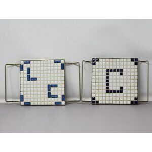 Vintage Mosaic Tile Hot‎ Plate Trivets With Brass Handles 2 White & Blue Design
